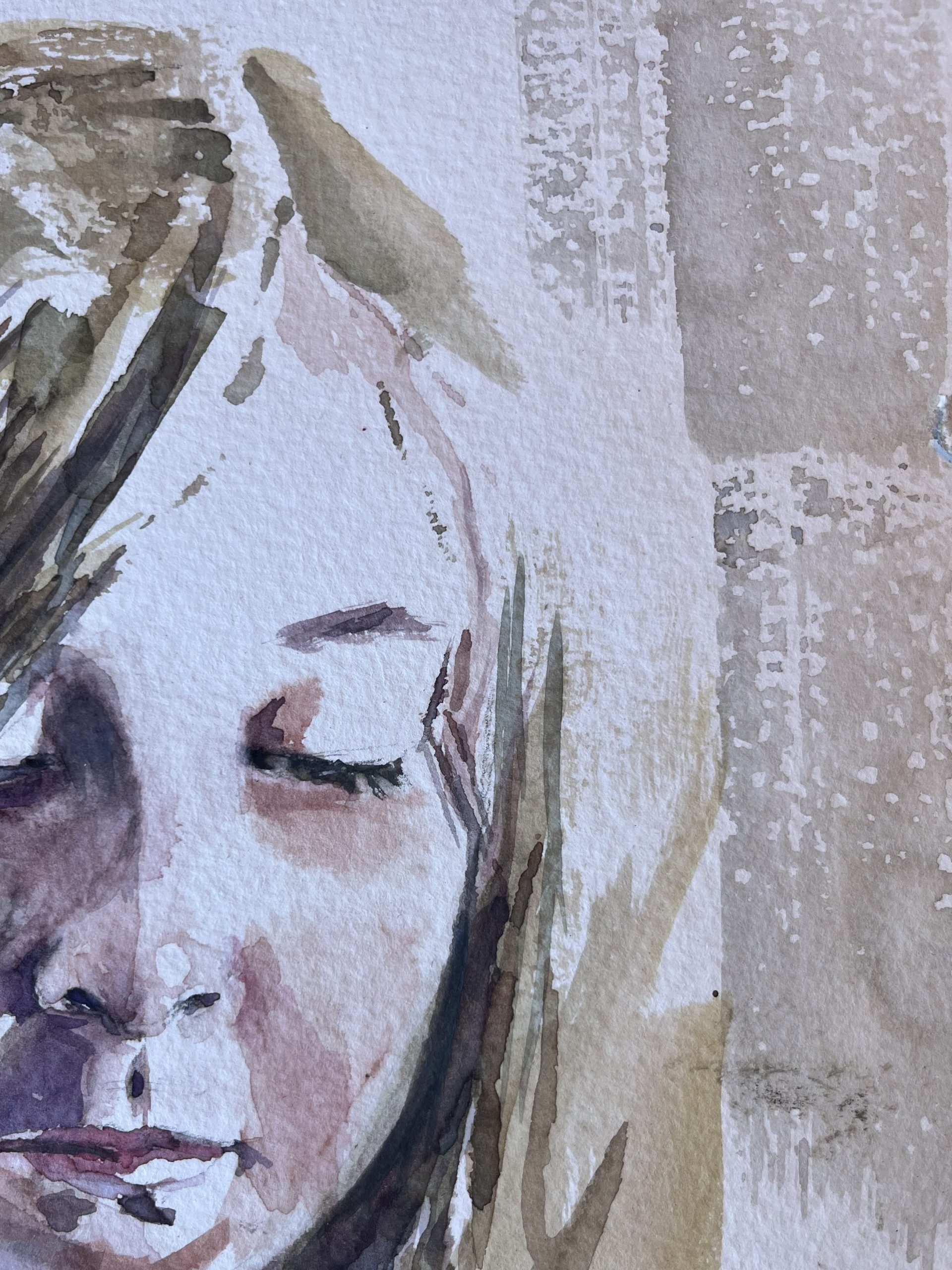 watercolour painting of a girl, zoomed in to highlight textures