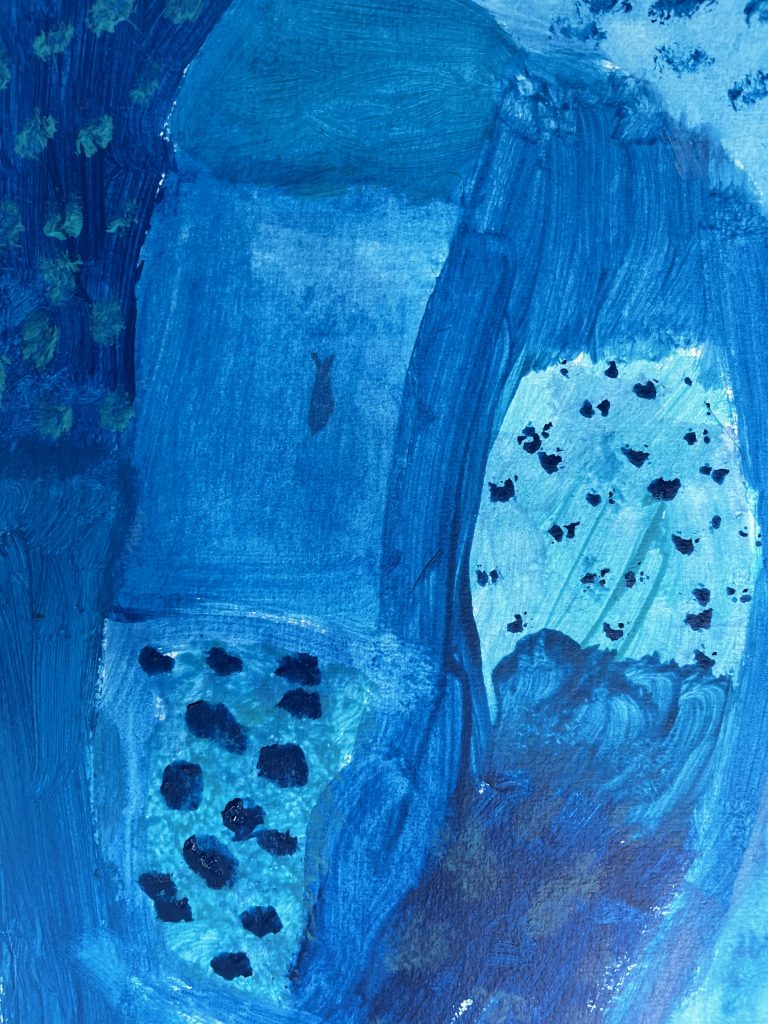 a child's painting of sea water using various shades of blue